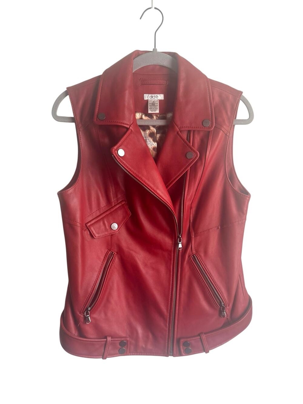 Cache Genuine Leather Vest Moto Biker Grunge Red Utility Zippers Sleeveless M